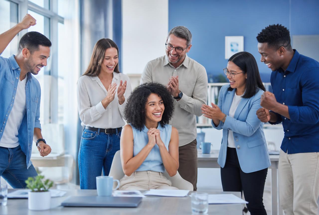 Equipe comemorando a contratação de uma nova colega no escritório