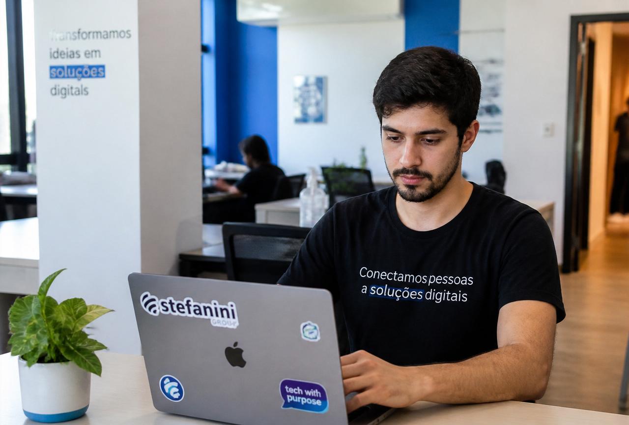 Profissional de tecnologia trabalhando no notebook em um coworking
